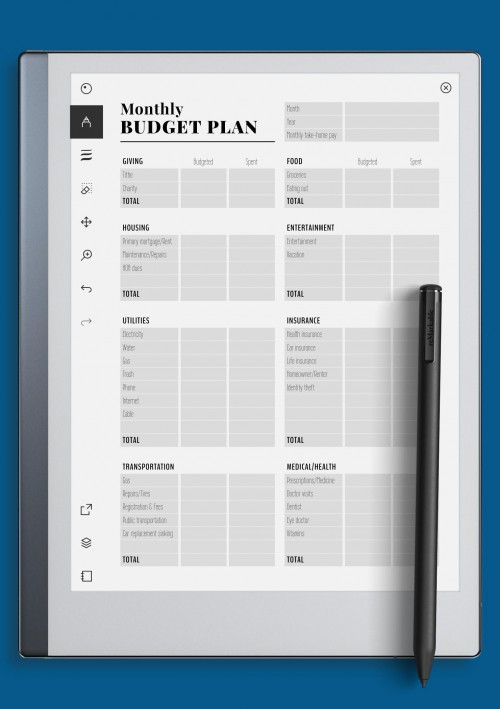 reMarkable Two-pages Monthly Budget Plan Template