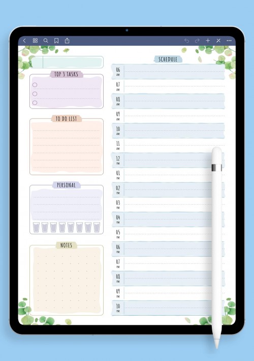 Undated Daily Planner Template - Floral Style for Notability