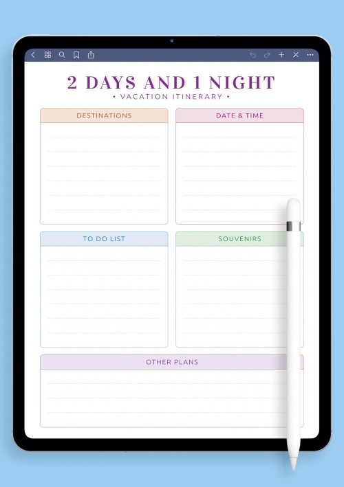 Vacation Itinerary template for GoodNotes