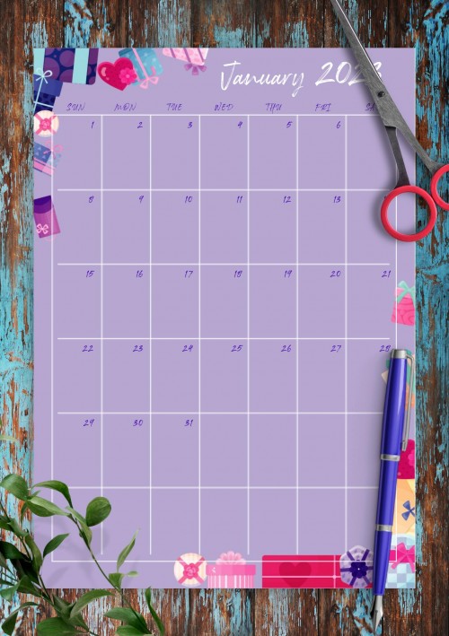 Violet January 2023 Birthday Calendar