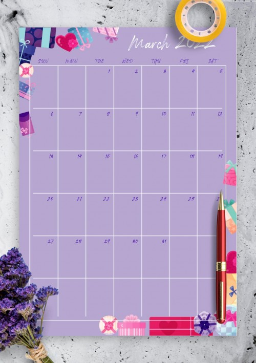Violet March 2022 Birthday Calendar
