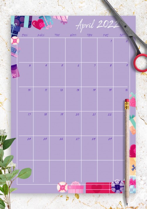 Violet April 2022 Birthday Calendar