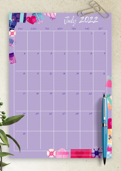 Violet July 2022 Birthday Calendar