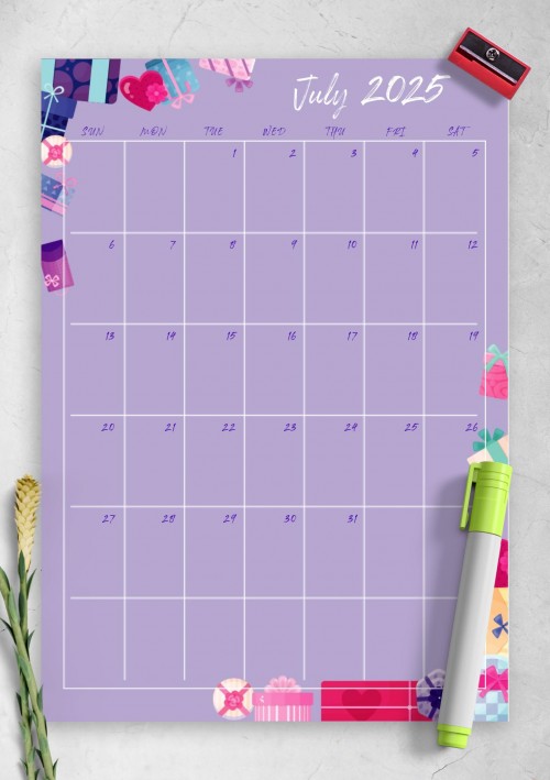 Violet July 2025 Birthday Calendar