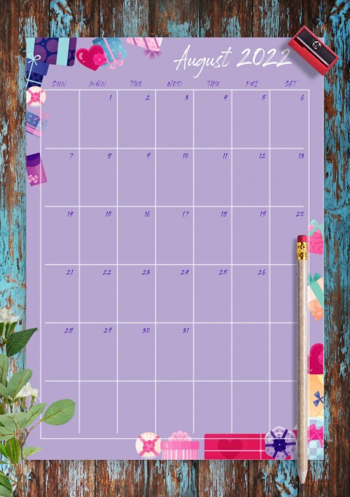 Violet August 2022 Birthday Calendar