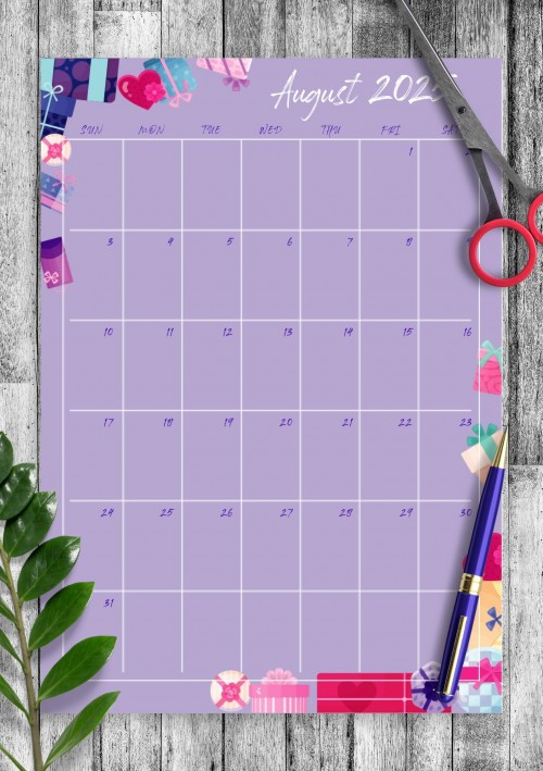 Violet August 2025 Birthday Calendar