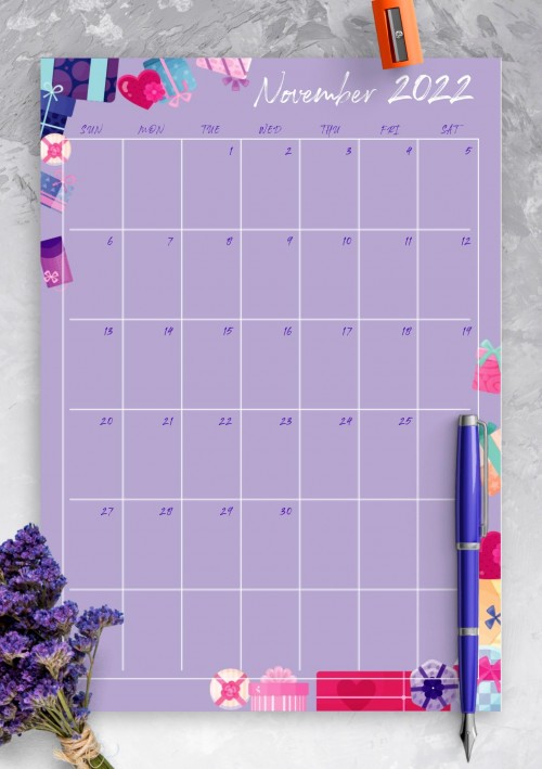 Violet November 2022 Birthday Calendar