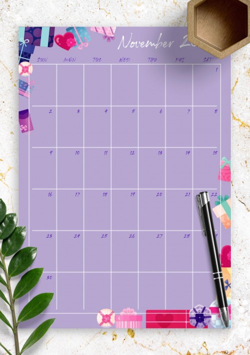 Violet November 2025 Birthday Calendar