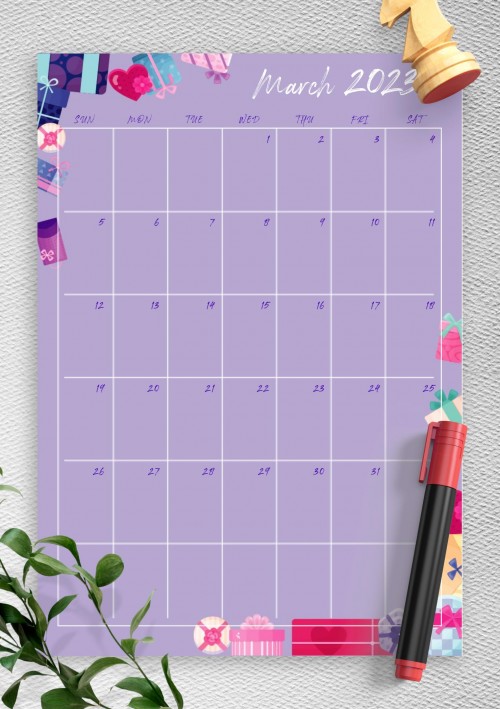 Violet March 2023 Birthday Calendar