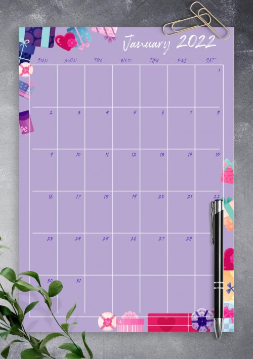 Violet January 2022 Birthday Calendar