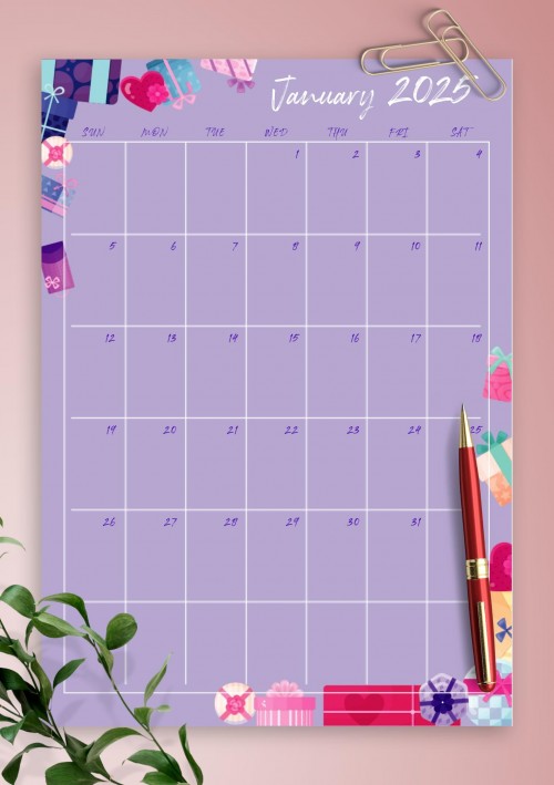 Violet January 2025 Birthday Calendar