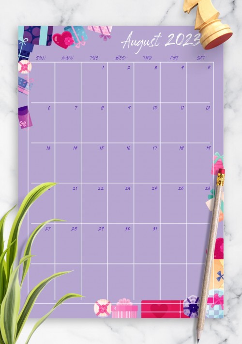 Violet August 2023 Birthday Calendar
