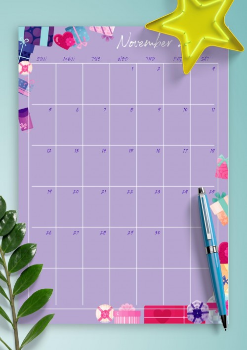Violet November 2023 Birthday Calendar
