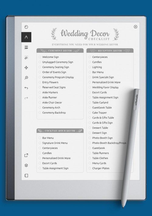 reMarkable Wedding Decor Checkist - Elegance Style Template
