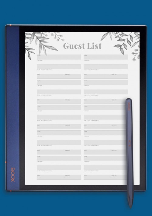 Wedding Guest List with Botanical Pattern Template for BOOX Note