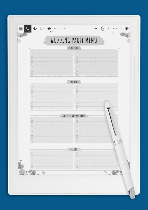 Supernote A5X Wedding Party Menu Template - Floral
