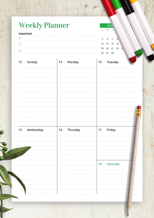 February 2023 Week at a Glance planner with calendar