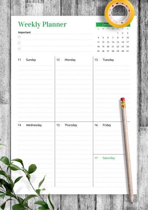 December 2022 Week at a Glance planner with calendar