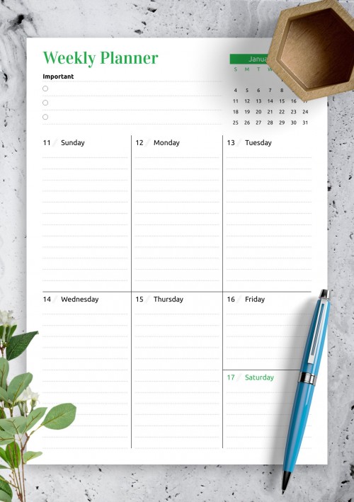 January 2026 Week at a Glance planner with calendar