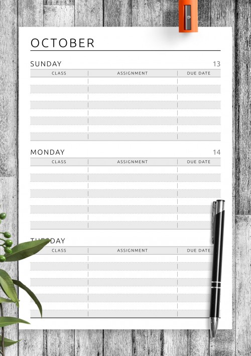 Week Schedule - Original Style Template for October