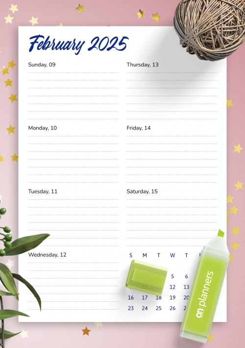 February 2025 Weekly Calendar Template