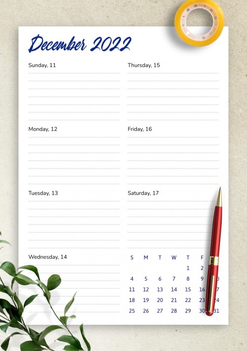 December 2022 Weekly Calendar Template