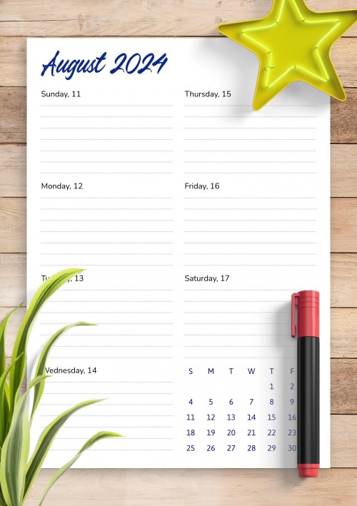 August 2024 Weekly Calendar Template