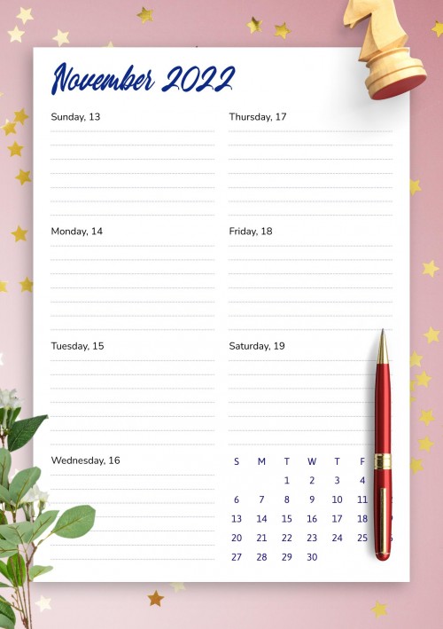 November 2022 Weekly Calendar Template