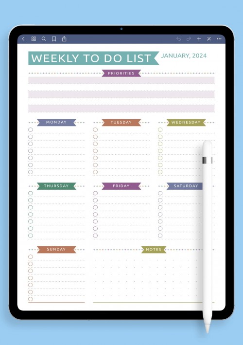 Weekly To Do List - Casual Style template for GoodNotes