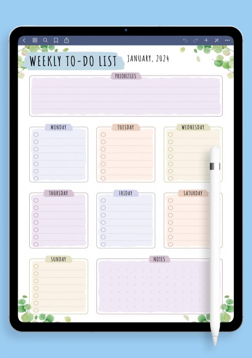 Weekly To Do List - Floral Style Template for iPad