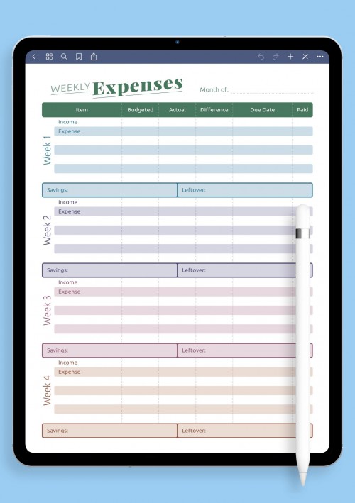 Weekly Expenses Template for GoodNotes