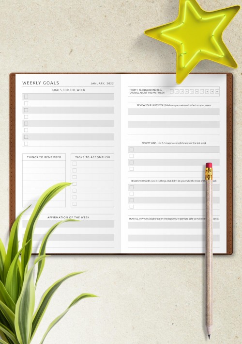 Traveler's Notebook Weekly Goals and Review Template