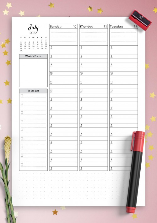 July 2022 Weekly hourly planner with todo list