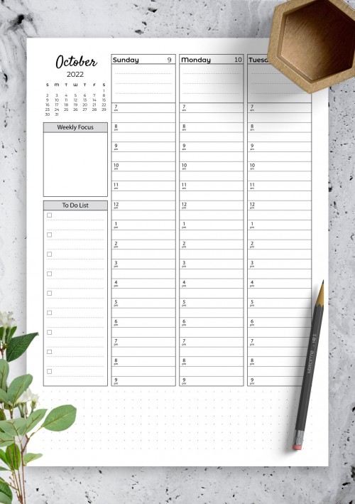 October 2022 Weekly hourly planner with todo list