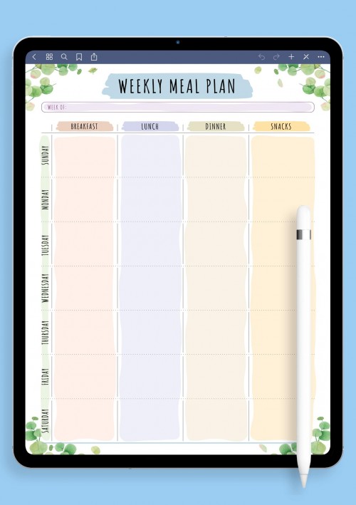 Weekly Meal Plan - Floral Style Template for GoodNotes