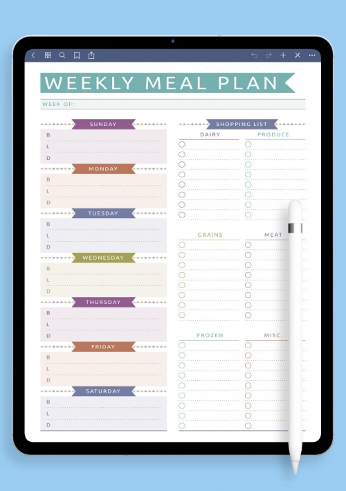 iPad Weekly Meal Plan with Shopping List - Casual Style Template