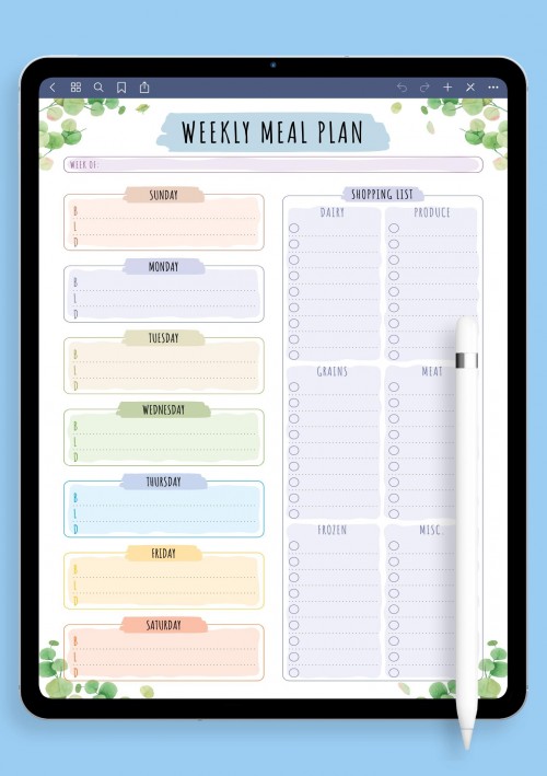 iPad Weekly Meal Plan with Shopping List - Floral Style Template
