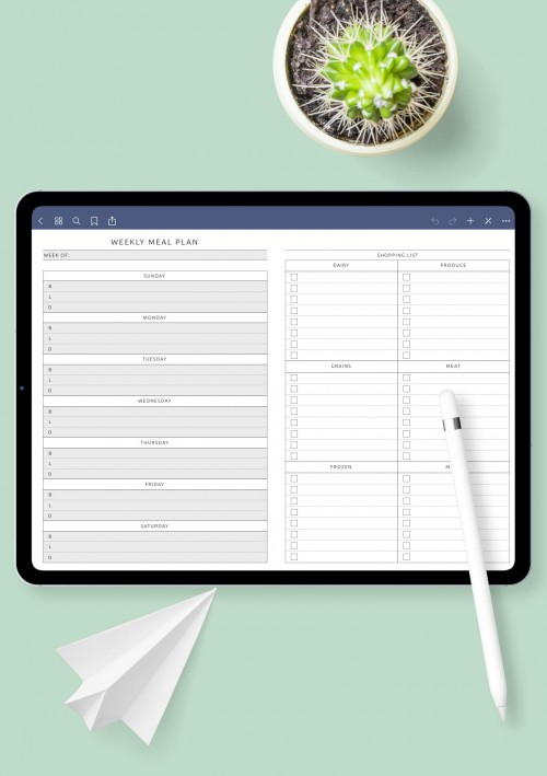 Weekly Meal Plan with Shopping List - Original Style Template for iPad