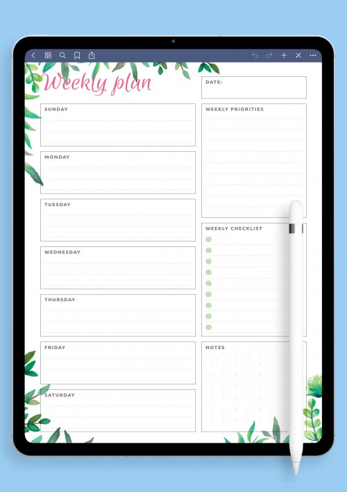Weekly Plan and Checklist Template for Notability