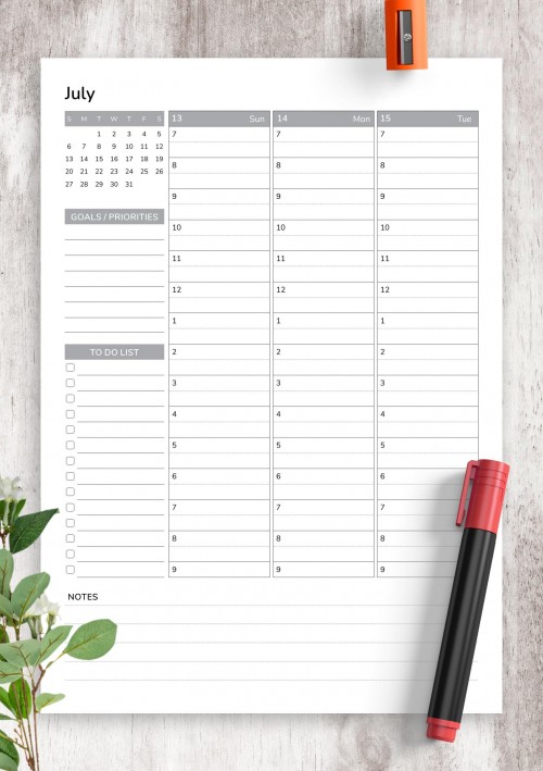 July Weekly Template with Goals and Priorities