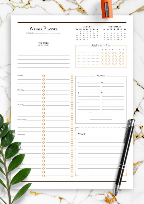 Weekly planner with habit tracker August