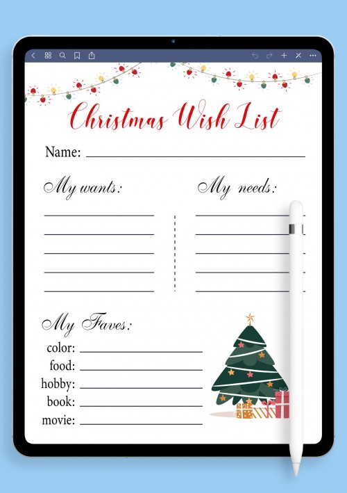 Template for GoodNotes White Christmas Wish List 
