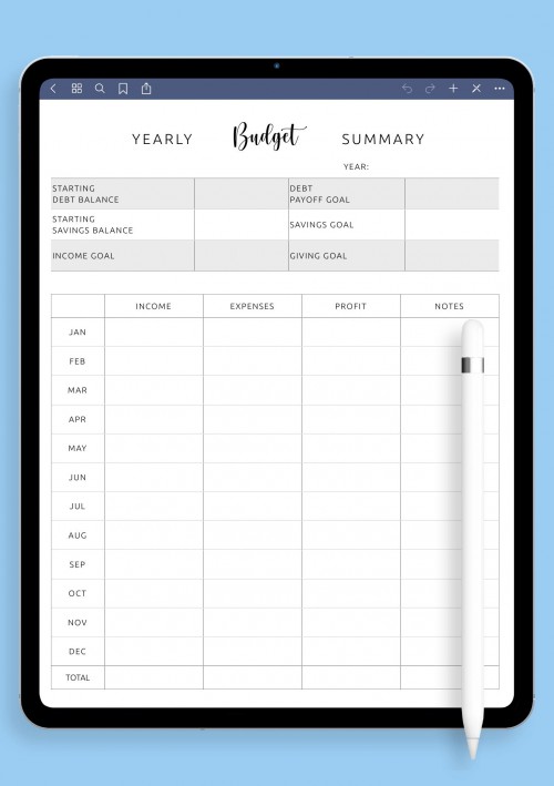 Yearly Budget Summary Template for iPad