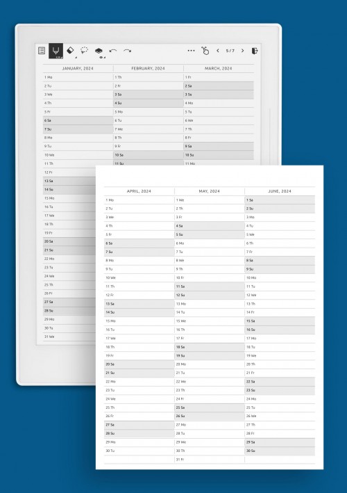 Supernote Yearly Vertical Calendar on Four Pages