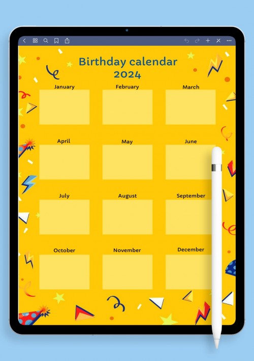 Yellow Confetti Birthday Calendar Template for GoodNotes