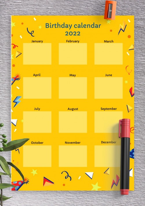 2022 Yellow Confetti Birthday Calendar