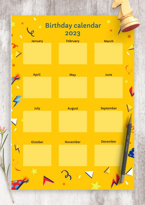 2023 Yellow Confetti Birthday Calendar