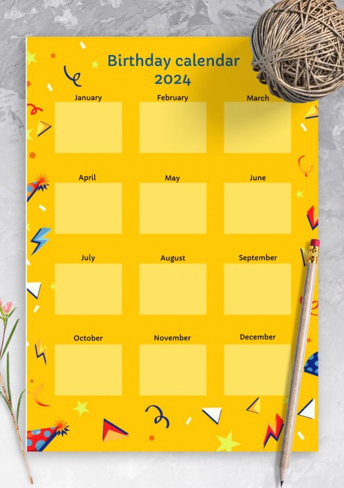 2024 Yellow Confetti Birthday Calendar