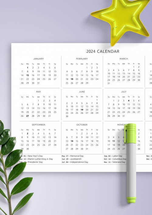 2024 Annual Calendar with Holidays Horizontal Template