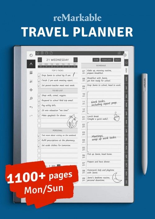 reMarkable Travel Planner with cusomizable sections and dated pages